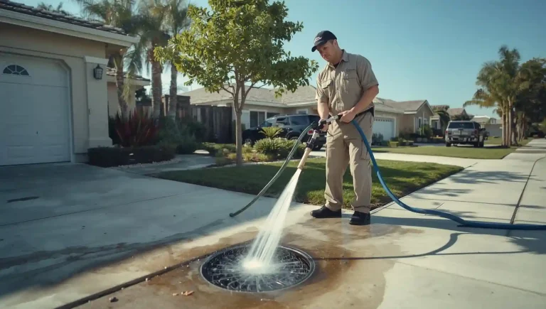 Professional plumber performing hydro jetting to clean a residential sewer line outside a home