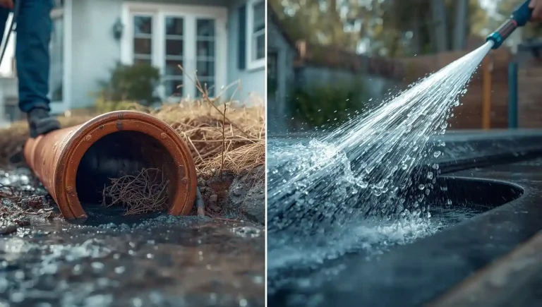 Comparison of hydro jetting and traditional drain cleaning methods showing pipe blockage removal and interior pipe cleaning