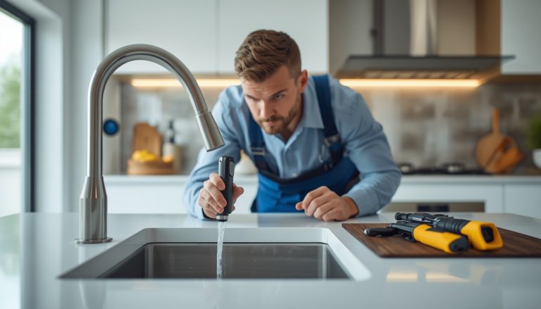 Licensed plumber performing a professional drain inspection with a video camera to diagnose a clogged residential drain system
