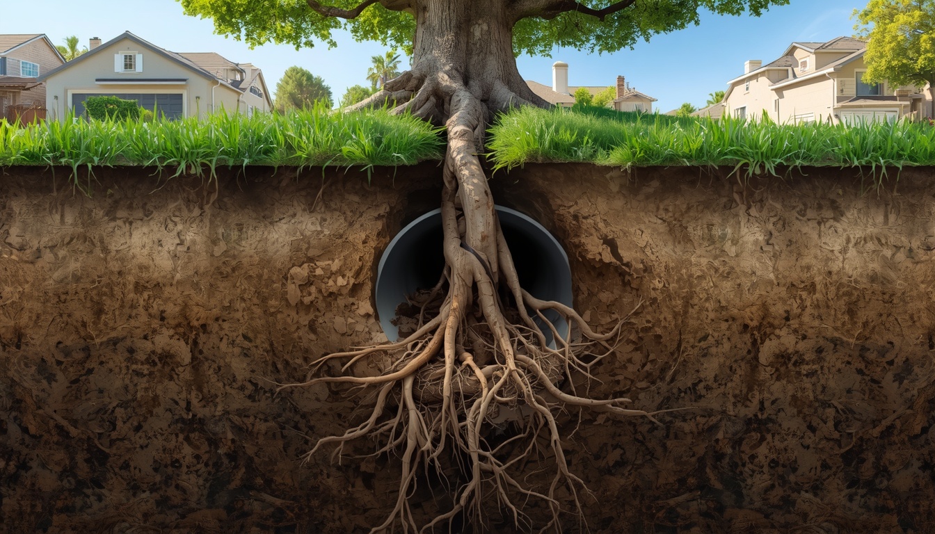 Tree roots invading an underground sewer pipe